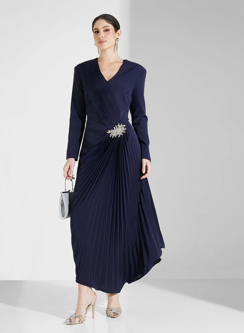 Threadz by Ajooni  Pleated Navy Midi Dress for Women | Best Price UAE